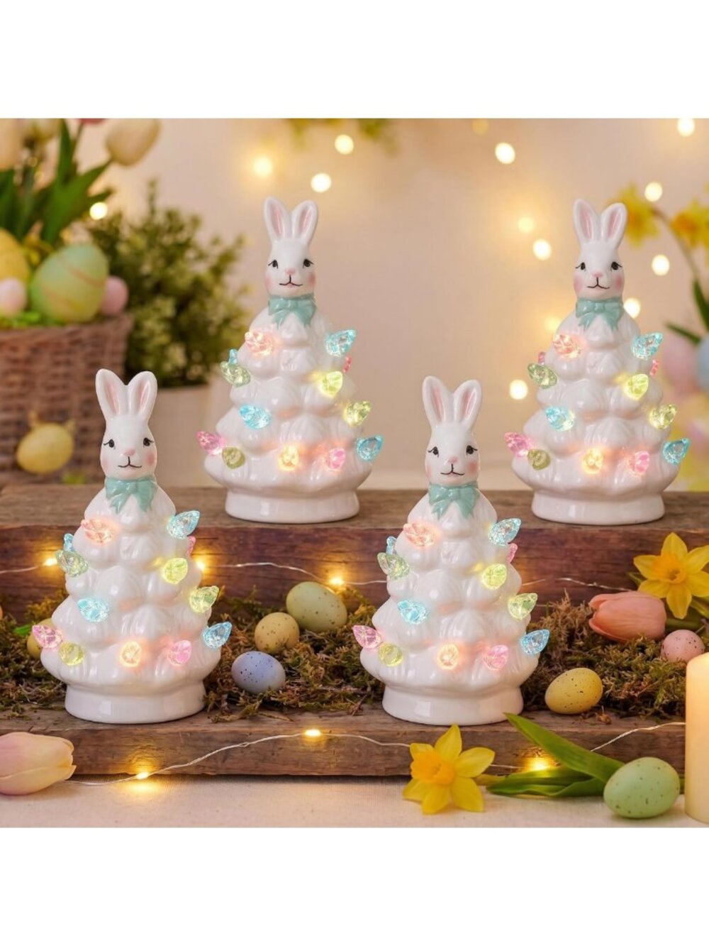 Mini Easter Bunny Ceramic Tabletop Tree Set with LED Lights - Hand Painted